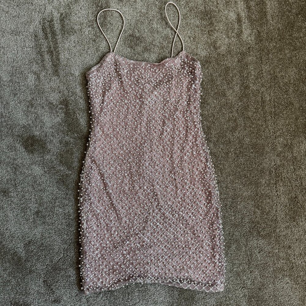 gold sparkly pink pearl beaded mini dress